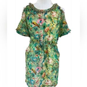 Alaroo Cold Shoulder Dress Floral w/ Pearl and Pink Gemstones Size M